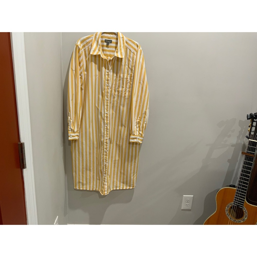 Style & Co Yellow White Striped Button Down Shirt Dress XL Long Sleeve Pocket - Picture 3 of 13